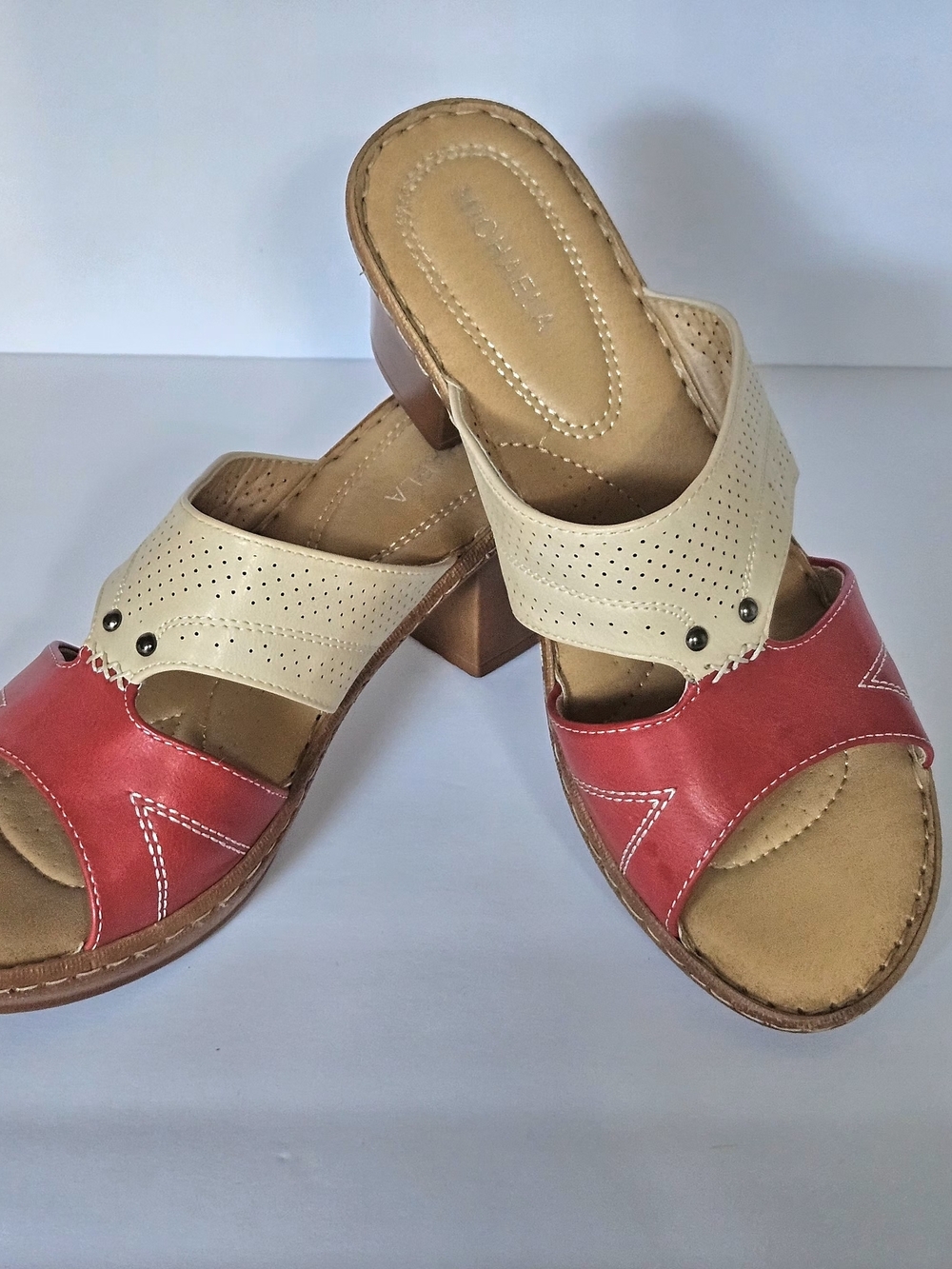 MICHAELA Women's Comfort Wedge Sandals Mules Colorblock Red Cream Size EU 40 - Picture 3 of 13